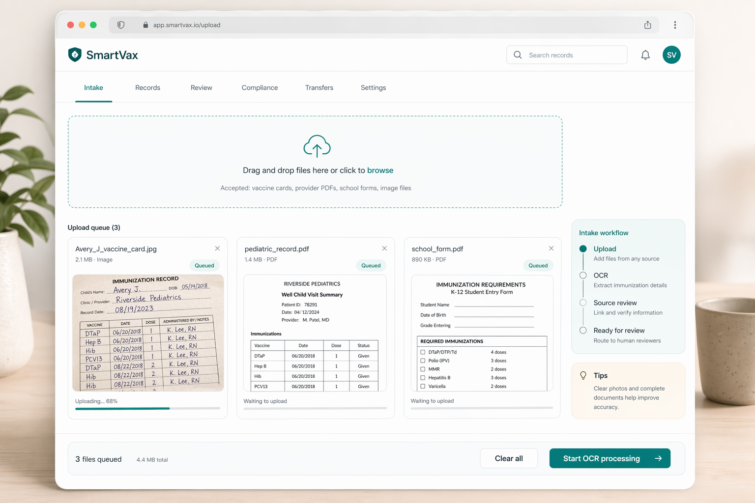 SmartVax browser upload intake showing vaccine cards, provider PDFs, school forms, and queued vaccination record imports.